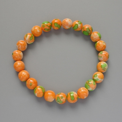 Браслет "Варисцит" (іміт. акрил) зелені,помаранчеві та білі кольори, гладка кулька, діаметр 8,5мм+-, довжина 18см+- (стрейч)
