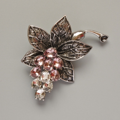 Брошка кулон Квітка білі та рожеві кристали, темно-сріблястий метал 43х60мм