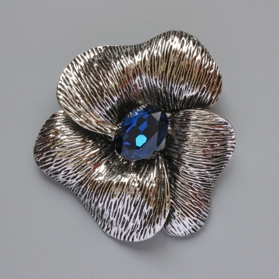 Брошка кулон Квітка синій кристал сріблястий метал 55х63мм