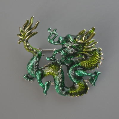 Брошка кулон Дракон зелена та салатова емаль, сріблястий метал 44х37мм