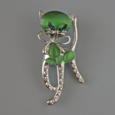 Брошка кулон Котик зелене Котяче око, зелені кристали,рожеві та білі стрази, сріблястий метал 25х55мм