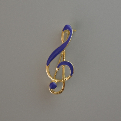 Брошка Скрипковий ключ синя емаль, золотистий метал 38х16мм