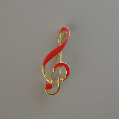 Брошка Скрипковий ключ червона емаль, золотистий метал 38х16мм