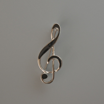 Брошка Скрипковий ключ чорна емаль, сріблястий метал 38х16мм