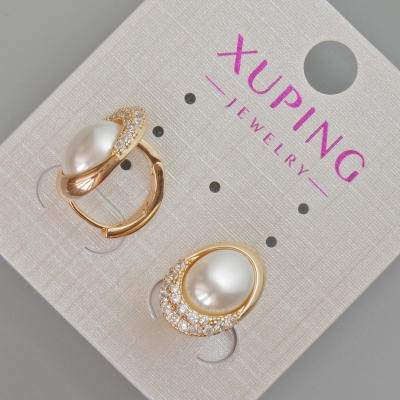 Сережки Xuping з білими стразами та намистиною Майорка, діаметр 15х10мм+- Позолота 18К