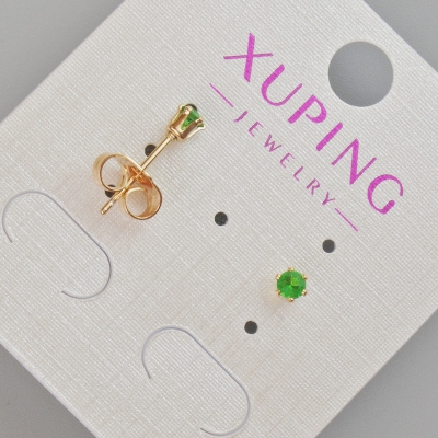 Сережки пусети Xuping з зеленим кристалом, діаметр 4мм+- Позолота 18К