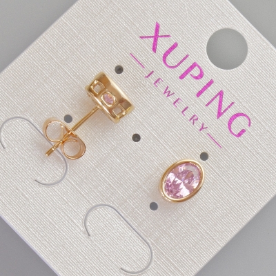 Сережки пусети Xuping з рожевим кристалом, діаметр 8,5х6,5мм+- Позолота 18К