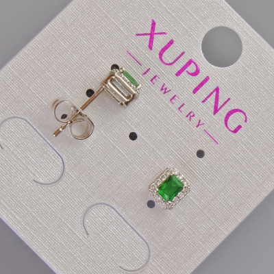 Сережки пусети Xuping з зеленим кристалом та білими стразами, діаметр 6,5х5,5мм+- Родій