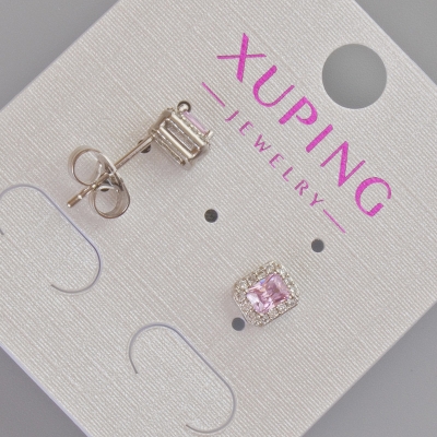 Сережки пусети Xuping з рожевим кристалом та білими стразами, діаметр 6,5х5,5мм+- Родій