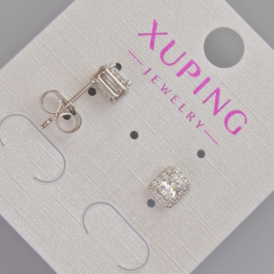 Сережки пусети Xuping з білим кристалом та стразами, діаметр 6,5х5,5мм+- Родій
