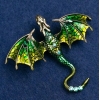 Брошка-кулон "Дракон" зелена емаль з блакитними та зеленими стразами, золотий колір металу 70х63мм +-