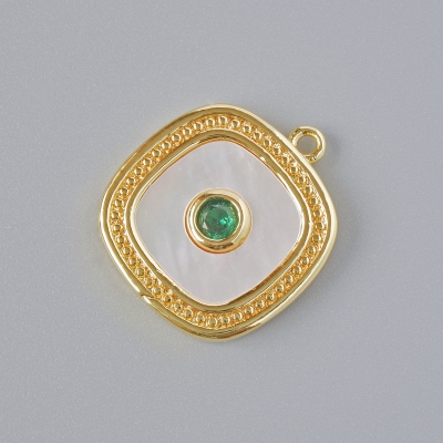 Кулон Перламутр та зелений кристал, золотистий колір металу, діаметр 17х15мм