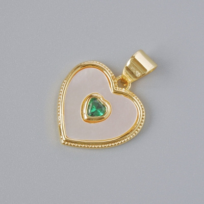 Кулон "Серце" Перламутр та зелений кристал, золотистий колір металу, діаметр 14х14мм, довжина 19мм+-
