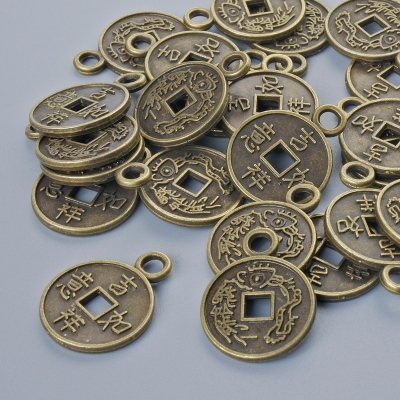 Фурнітура підвіска "Китайська монета", діаметр 17х13мм,, діаметр отвору 2,3мм, фас. 24шт+- бронзовий колір металу