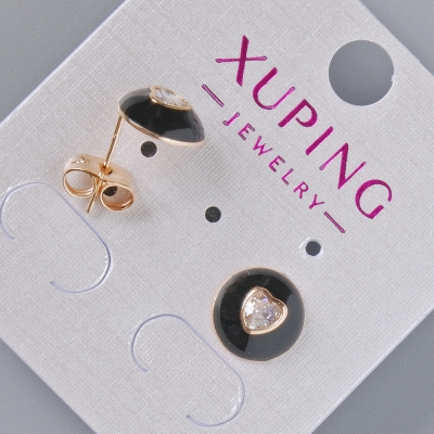 Сережки пусети "Серце" Xuping з білим кристалом та чорною емаллю, діаметр 10мм позолота 18К