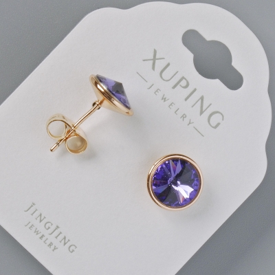 Сережки пусети Xuping з кристалами Swarovski колір фіолетовий, діаметр 10мм позолота 18К