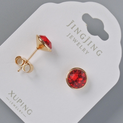 Сережки пусети Xuping з кристалами Swarovski колір червоний, діаметр 9мм позолота 18К