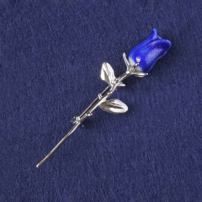 Брошка Троянда синій з блискітками пластик, сріблястий метал 65х19мм+-