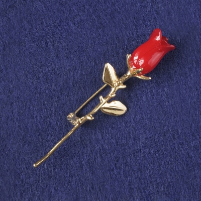 Брошка Троянда червоний пластик, золотистий метал 65х19мм+-