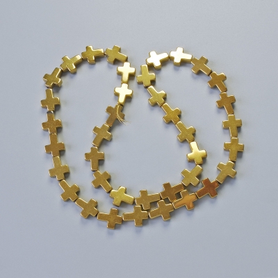 Намистини Гематит "Хрест" колір золотистий, діаметр 8,5х10,5х3мм+-, довжина 40см+- на нитці