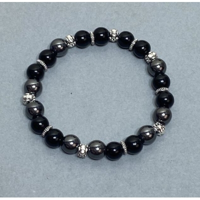 Браслет Агат гладка кулька, діаметр 8мм+- Гематит, діаметр 8мм+-, довжина 18см+- стрейч зі вставками