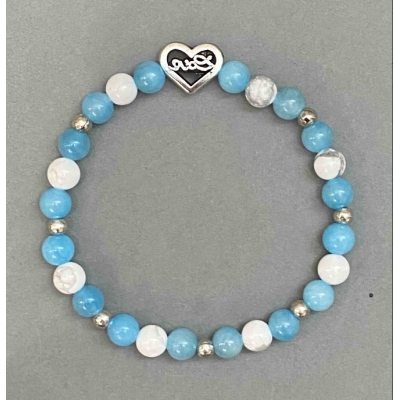 Браслет Аквамарин Кахолонг зі вставкою Серце, діаметр 6мм+-, довжина 18см+- стрейч