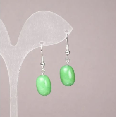 Серьги из натурального камня Хризопраз гладкий бочонок, діаметр 10х14мм+-, довжина 34мм+