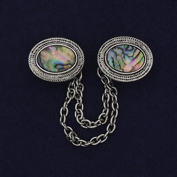 Брошка для кардиганів Халіотіс сріблятистий метал, діаметр 18мм+- ланцюжок, довжина 9см+