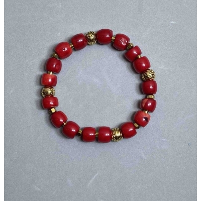 Браслет Корал рубка, діаметр 7-8х9мм+- Гематит гранований рондель 4х3, 5мм+- з металевими вставками, довжина 18см (стрейч)