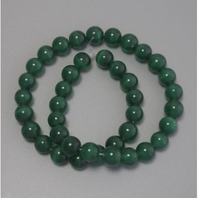 Намистини Котяче око темно-зелене синтетичне каміння гладка кулька, діаметр 10мм+-на волосіні, довжина 38см+