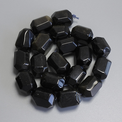 Намистини Сонячний Обсидіан багатогранники, діаметр 20х15мм+- на нитці, довжина 38см+