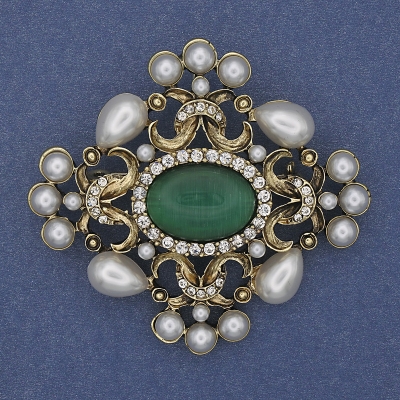 Брошка кулон Акцент Перли Котяче Око білі стрази золотистий метал 53х58мм+