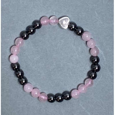Браслет Рожевий кварц та Гематит кулька 6мм+- з металевою вставкою, довжина 18см+- стрейч