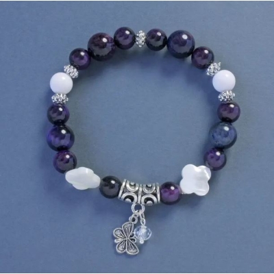 Браслет Котяче око та Агат гладка кулька, діаметр 10мм+-, діаметр 8мм+-, довжина 18см+- стрейч з підвіскою Метелик