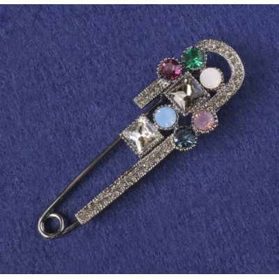 Брошка-булавка чорні стрази, різнокольорові кристали, сріблястий метал 78х25мм+