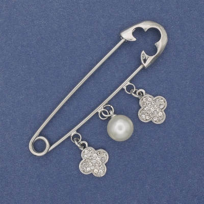 Брошка шпилька з підвісками перлина та конюшина 68х17мм+- сріблястий метал
