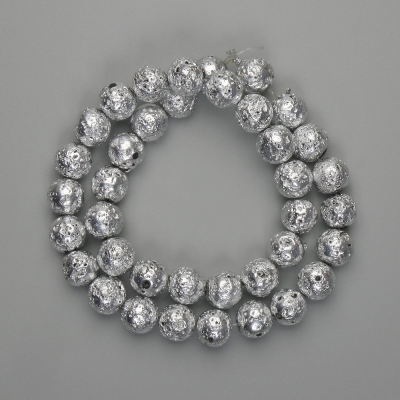 Намистини Лава з сріблястим металевим напиленням пориста кулька 10, 5мм+-, довжина 39см+