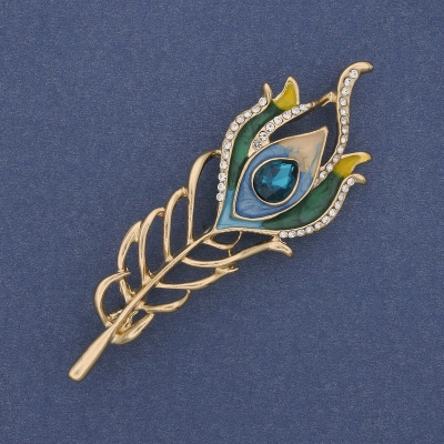 Брошка Перо емаль стрази золотистий метал 72х24мм +