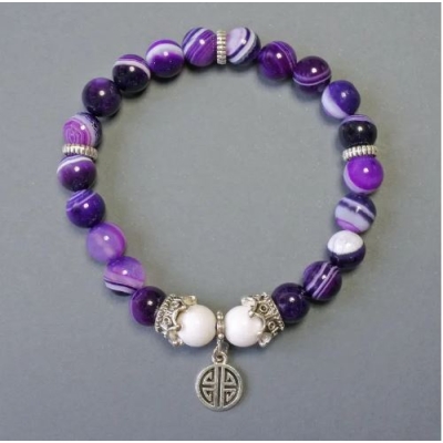 Браслет Очковий Фіолетовий та білий Агат гладка кулька з металевими вставками, діаметр 8мм+-, довжина 18см+- стрейч