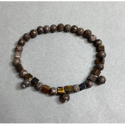 Браслет Кавова Яшма гранована кулька 6мм+- Тигрове Око кубик 4, 5мм+-, довжина 18см +- стрейч