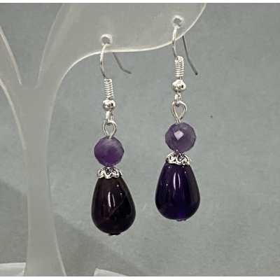 Сережки Аметист крапля 15х10мм+- гранована кулька 6мм+-, довжина 40мм+