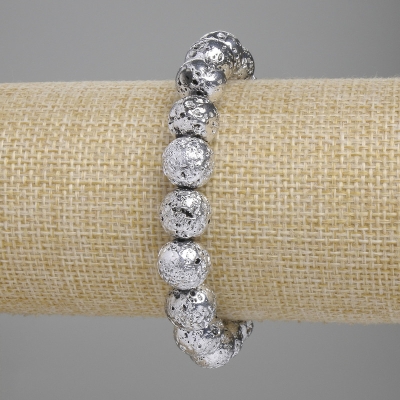 Браслет Лава з сріблястим металевим напиленням пориста кулька 10, 5мм+-, довжина 18см+- стрейч