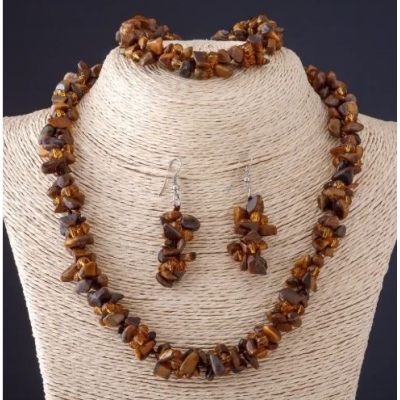 Комплект Трійка Тигрове око натуральний камінь "кам'яна крихта" намисто+сережки+браслет