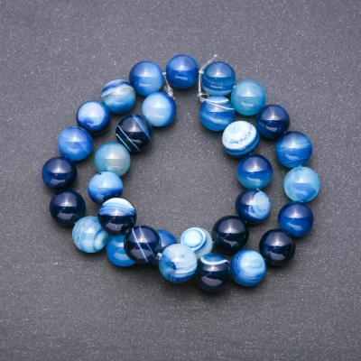 Намистини на нитці натуральний камінь очковий синій Агат гладка кулька, діаметр 12мм + -, довжина 37см + -