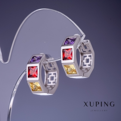 Сережки Xuping різнокольорові кристали 18х7мм родій