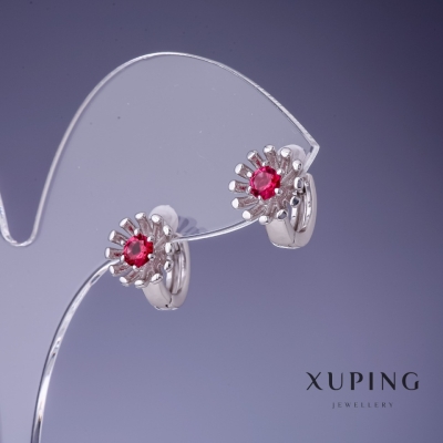 Сережки Xuping Квітка з малиновими кристалами 12х9мм родій