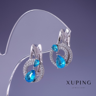 Сережки Xuping циркон Топаз синій 20х12мм родій