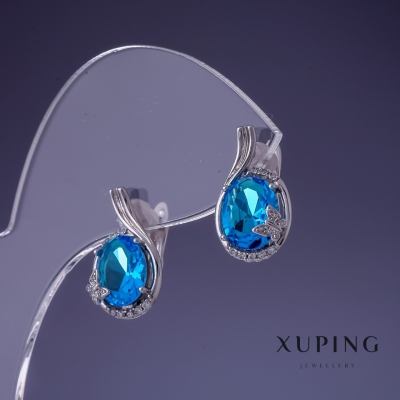 Сережки Xuping циркон Топаз синій 17х10мм родій