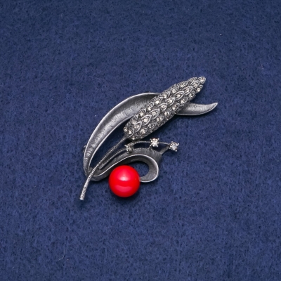 Брошка кулон Колосок з червоним перлами "Майорка 68х30мм