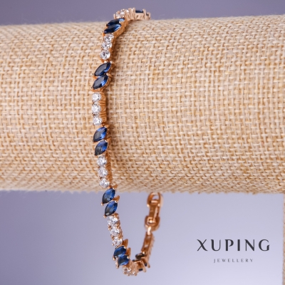 Браслет Xuping з синіми цирконами "Сапфір", товщина 5мм, довжина 19-21см позолота 18К